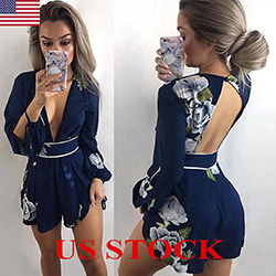 Sexy Women V Neck Backless Floral Dress Novelty Kimono Romper Playsuit Jumpsuit: Cocktail Mini Dress,  Plus Size Party Outfits,  Black Girl Plus Size Outfit  