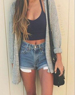 Top Outfits Shorts. Trending And Girly Summer Outfit Ideas With Denim ShortsCrop top Sleeveless shirt: summer outfits,  Denim Shorts,  Casual Shorts Dress,  Denim Outfits,  Crop top,  Shorts Outfit,  tank top,  Long Sleeve  