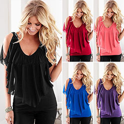 Women's V Neck Cold Shoulder Blouse Tee Shirt Summer Chiffon Casual T-shirt Tops: 