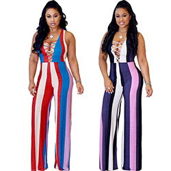 Summer Women Jumpsuits Multi-color mixing Striped Hollow Out Tank Sleeve Rompers: 