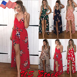 USA Women Strappy V Neck Floral Chiffon Long Maxi Dress Short Jumpsuit Rompers: 
