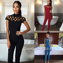 Fashion Women's Choker High Neck Caged Sleeve Playsuits Long Jumpsuits Rompers: 