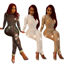 Sexy Women Mesh Hot Drilling Cocktail Jumpsuit Clubwear Party Evening Rompers: 
