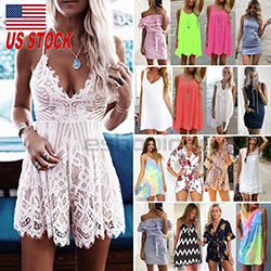 US Women Boho Mini Dress Rompers Party Evening Club Hippie Summer Beach Sundress: 