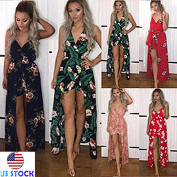 Summer Women Beach Chiffon Slip Dress V Neck Floral Print Shorts Jumpsuit Romper: Long Dress  