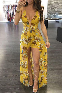 Back to school outfits: Yellow V Neck Floral Print Sexy Chiffon Skort Maxi Dress: V-Neck Belted Dress Outfits,  Chiffon dresses  