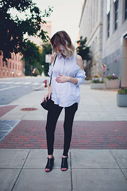 Pregnancy Outfits Ideas : Cold Shoulders & Pinstripes: 
