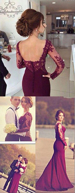 2016 Mermaid Evening Gowns Dark Red Long Sleeves Lace Open Back Long Wedding…: burgundy gown  