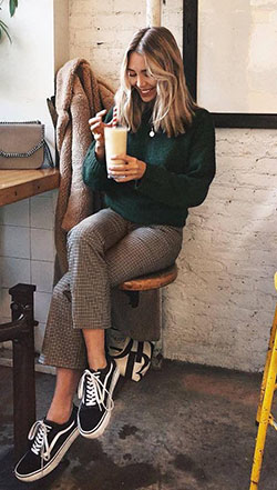 How To Wear Printed Pants : what to wear with Vans sneakers : sweater + plaid pants: Checked Trousers  