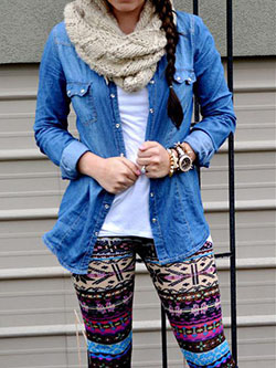 Tumblr Outfits with Printed Tights: Printed leggings & Chambray... I need printed leggings!!: print Trousers  