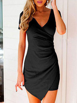Outfits Ideas for Tall Girls: Black V Neck Short Sleeve Asymmetrical Bodycon Dress: Bodycon dress,  BLOCK DRESS  