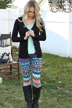 Outfits with Printed Tights: Emerald/ teal, black, white and grey aztec inspired leggings paired with wedged ...: print Trousers  