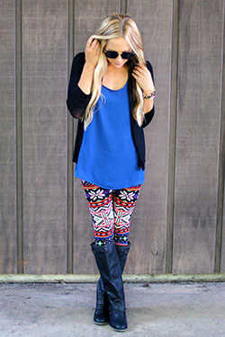 Tumblr Outfits with Printed Tights: Colorful Printed Leggings With Hoodie and Long Boots: Chap boot,  print Trousers  