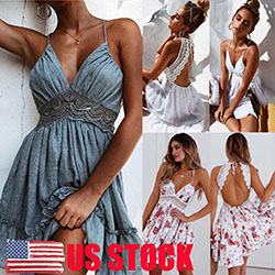 US STOCK Women Lace Beach Casual Party Evening Dresses Cocktail Short Mini Dress: Cocktail Mini Dress  