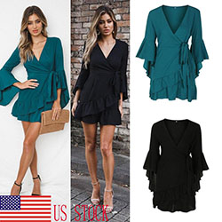 US Women Summer Boho Short Dress Ruffle Evening Cocktail Beach Dresses Sundress: Deep V-Neck  