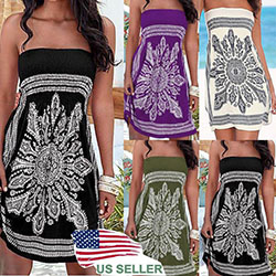 US Women Summer Vintage Boho Short Maxi Dress Party Beach Dress Floral Sundress: 