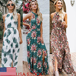 USA Women's Floral Boho Maxi Halter Dress Beach Party Sleeveless Summer Dress: Women Sleeveless Dress  