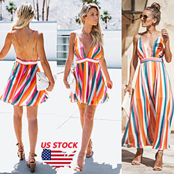 Women Summer Boho Long/Short Striped Dress Evening Party Beach Dresses Sundress: Deep V-Neck  