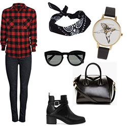 Winter Outfit IdeasRed shirt. Black accessories.: 