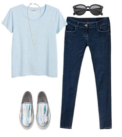 Blue jeans, cropped grey T-shirt and classic black high-top trainers:: Blue Jeans  