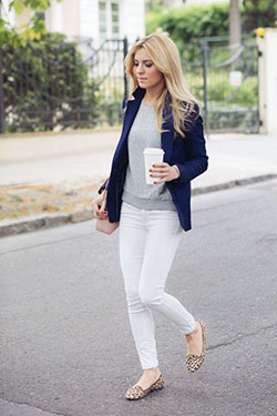 White jeans with patterned flats and a blazer.: Blazer,  Black Blazer  