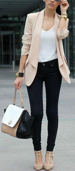 Black jeans, blazer and heels.: Brown Blazer  