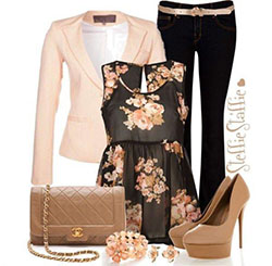 semi-sheer blouse, black boot-cut jeans, quilted cream beige clutch and heeled cream beige pumps...: 