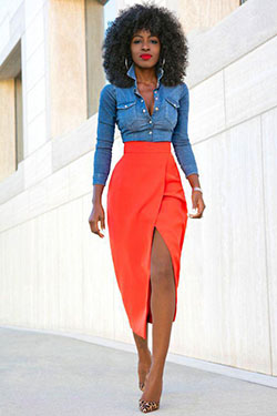 Fitted Denim Shirt + Tulip Front Slit Skirt but in a different colour: Pencil skirt,  black girl outfit,  Denim Top,  Wrap Skirt  
