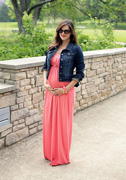 Pink Maxi Dress with Red Belt and Dark Denim Blazer: 