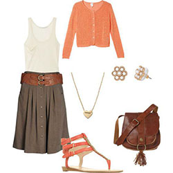 A fashion look featuring red cardigan, modal shirts and brown skirt.: 