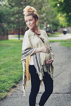 Ponchos in Plain Cream, White Sleeveless Vest and Skinny Black Leggings: 