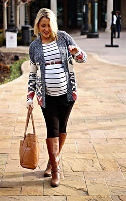 Striped Shirt with Red Thin Belt, Knitted Cardigan, and Black leggings: Cardigan  