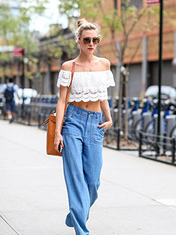 Off-Shoulder Tops with Jeans: Street Style,  Off Shoulder,  Beige Jeans  