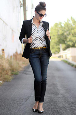 Work Dressing Idea with Top Bun: Lapel pin,  Business casual,  Polka dot,  top bun  