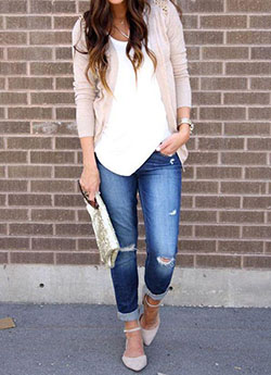 Casual Work Outfit - White Top & Jeans: 