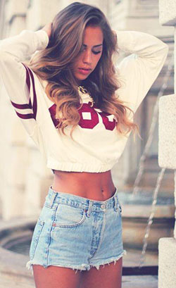 Cropped jersey sweater looks awesome with blue denim shorts:: Denim Shorts,  Blue Shorts,  Blue Jean Short  