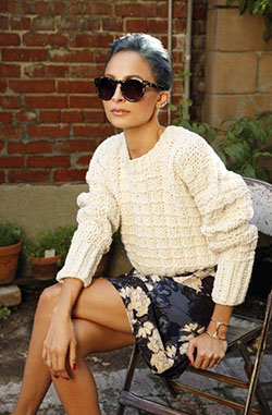 Bulky cream-white knitted sweater looks sexy with lightweight floral print skirt and rounded vintage sunglasses:: sweater  