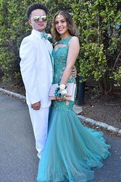 Torri Stanton and Donovan Moretti dress in turqouise and white at Wagner High School's prom at The Hilton Garden Inn on June 10, 2017.: Prom Suit  