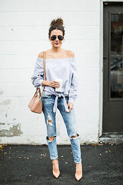 Off-the-shoulder blouse and top-bun:: Ripped Jeans,  Slim-Fit Pants,  top bun,  Sand Top,  Off Shoulder  