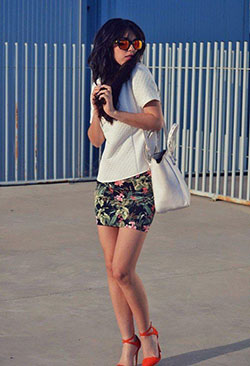 Rock The Summers With White Tee Outfit with Floral Skirt: Short Skirts,  White Top,  Flowy skirt  