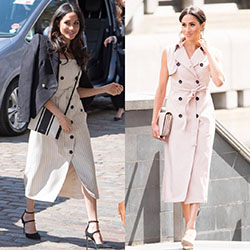 Meghan Markle, Duchess of Sussex - Celebrity Inspired Outfit ideas: Trench coat,  Prince Harry,  Celebrity Fashion,  Striped Dress  