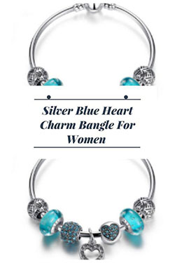 Silver Blue Heart Charm Bangle For Women: 