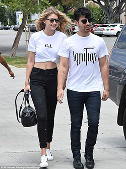 Cute Matching Couple Outfit - Gigi Hadid and Joe Jonas wear matching outfits on lunch outing..: 