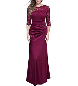 Miusol Women's Retro Floral Lace Vintage 2/3 Sleeve Slim Ruched Wedding Maxi Dress: 