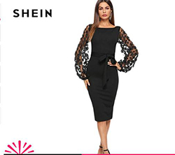 SHEIN Black Party Elegant Flower Applique Contrast Mesh Sleeve Form Fitting: 