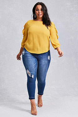 Ripped Jeans Low Waist For Curvy Girls | Yellow Top with Blue Jeans: black girls jeans outfit,  Blue Jeans,  Cute Outfit For Chubby Girl,  yellow top  