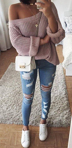 Fashion Trends One Shoulder Knit Sweater Plus Sneakers Plus Ripped Jeans Outfit Ideas: Jeans Outfit,  Casual Outfits,  Jeans Outfit Ideas,  Ripped Jeans  