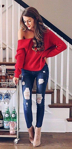 Women's red knitted sweater and blue-washed distressed jeans- Denim Outfits 2019: Casual Outfits,  Denim Outfits,  Blue Jeans  