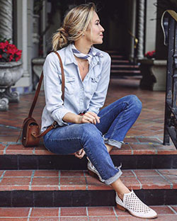 Easy pair of straight leg jeans paired with shirt - Denim Outfits 2019: Street Style,  Casual Outfits,  Jeans Outfit,  Blue Jeans,  Blue shirt,  Denim Shirt  