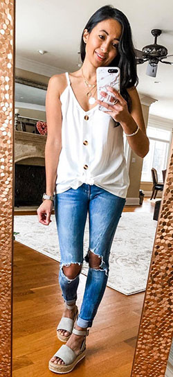 Spring Outfit Spaghetti strap, Ripped jeans: Casual Outfits,  Spaghetti strap,  Slim-Fit Pants  